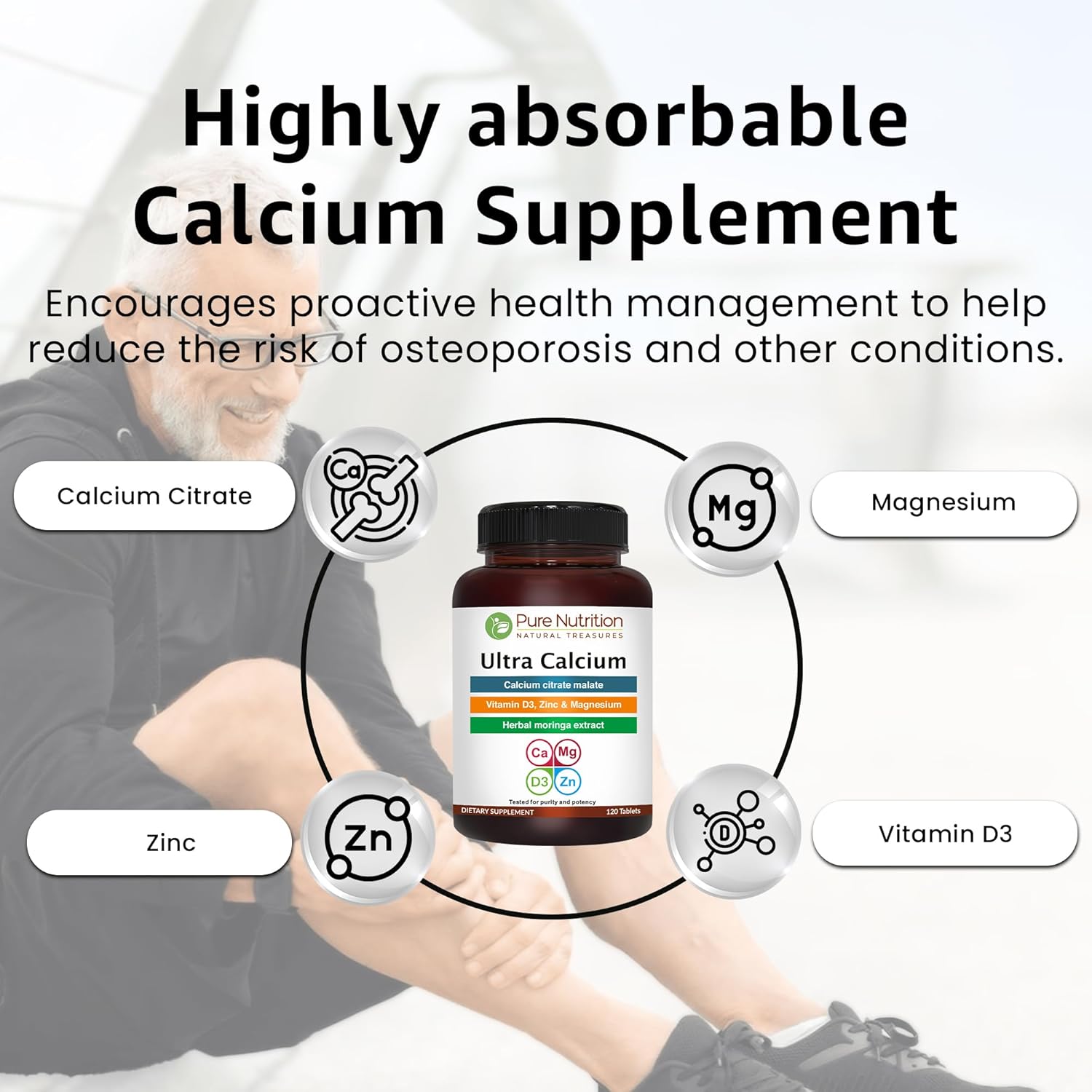 Pure Nutrition Ultra Calcium Citrate Malate | 1000mg Highly Absorbable Supplement with Vitamin D3, Magnesium, and Zinc | Non-GMO | Gluten-Free | 120 Veg Tabs