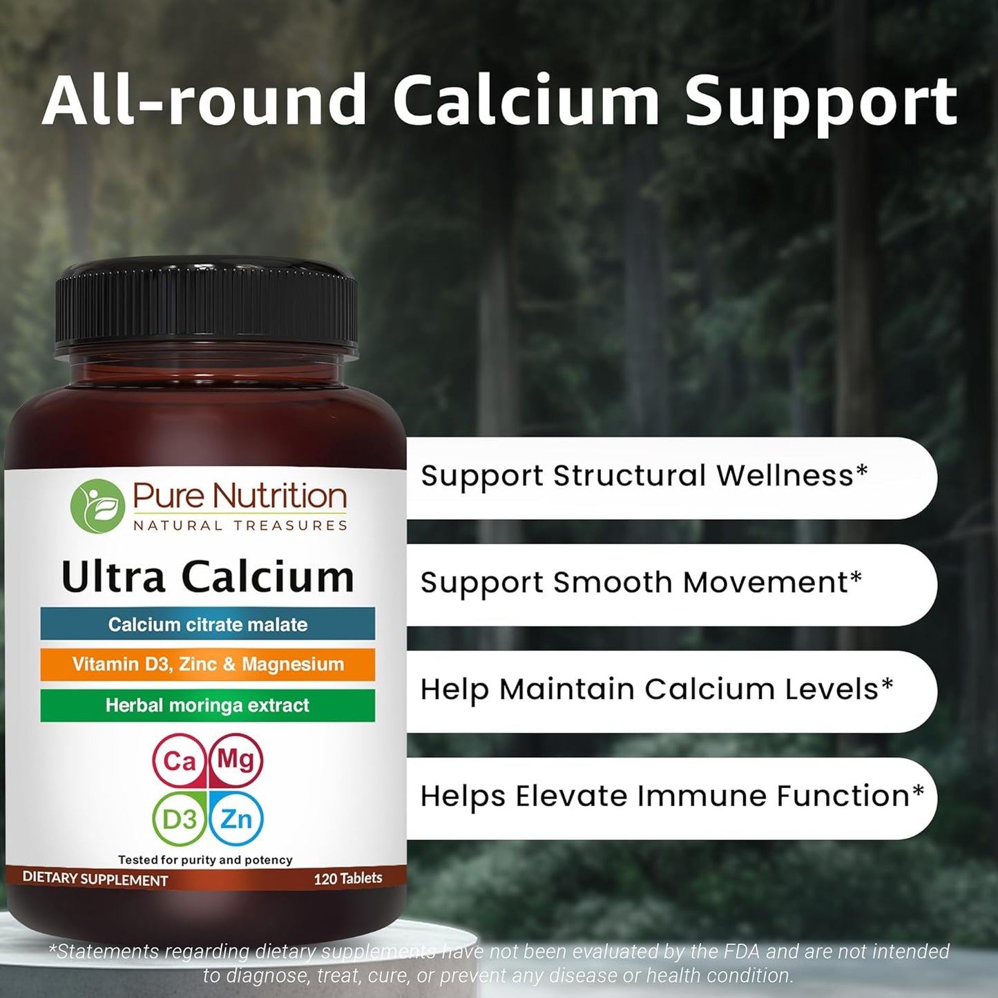 Pure Nutrition Ultra Calcium Citrate Malate | 1000mg Highly Absorbable Supplement with Vitamin D3, Magnesium, and Zinc | Non-GMO | Gluten-Free | 120 Veg Tabs