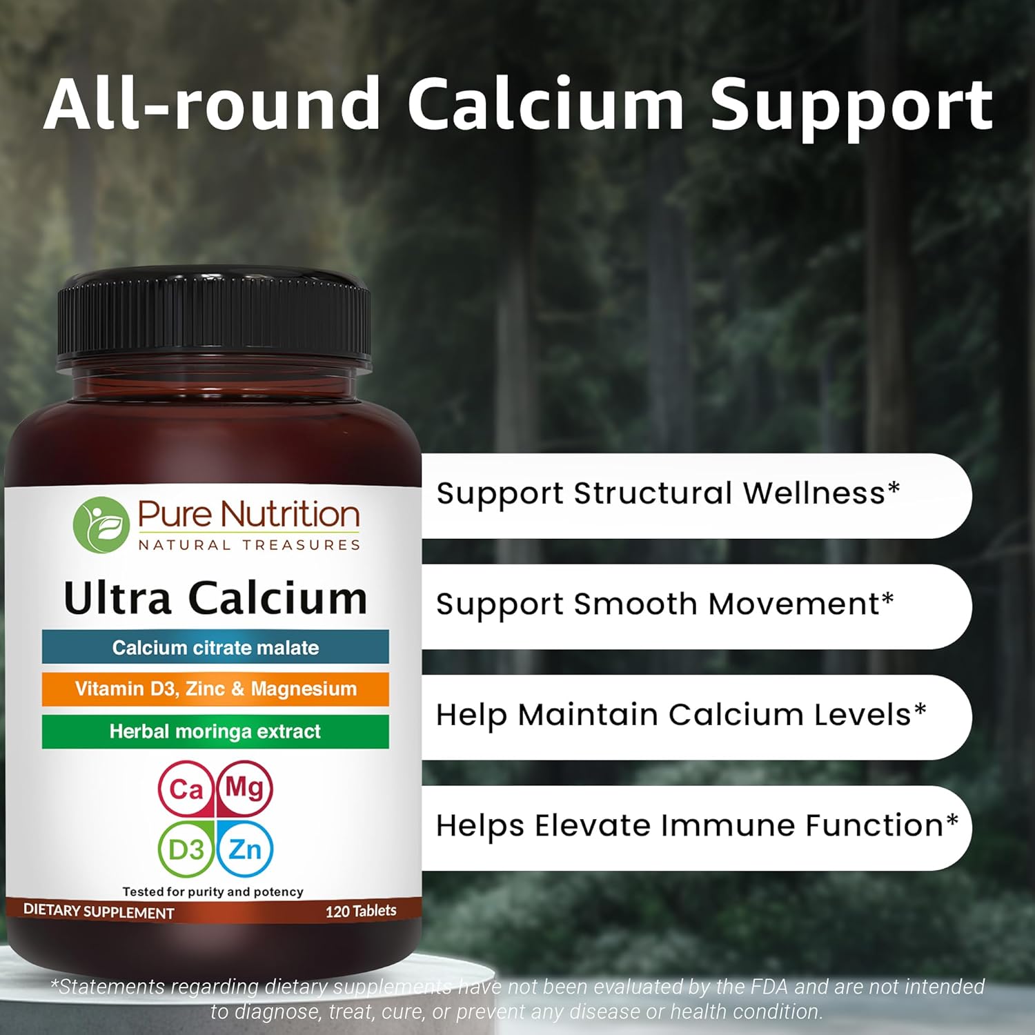 Pure Nutrition Ultra Calcium Citrate Malate | 1000mg Highly Absorbable Supplement with Vitamin D3, Magnesium, and Zinc | Non-GMO | Gluten-Free | 120 Veg Tabs