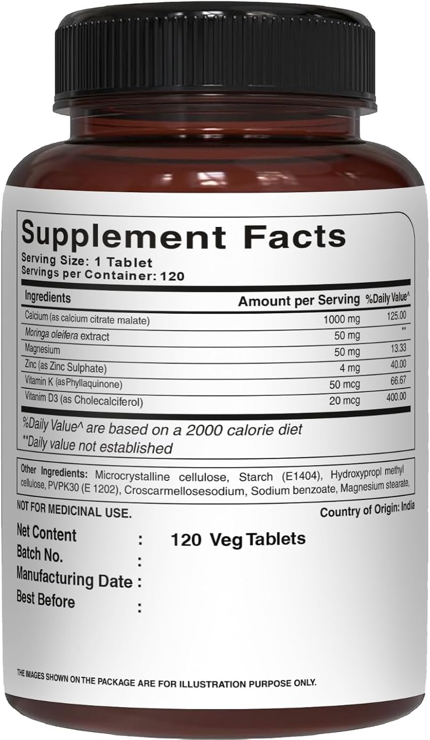 Pure Nutrition Ultra Calcium Citrate Malate | 1000mg Highly Absorbable Supplement with Vitamin D3, Magnesium, and Zinc | Non-GMO | Gluten-Free | 120 Veg Tabs