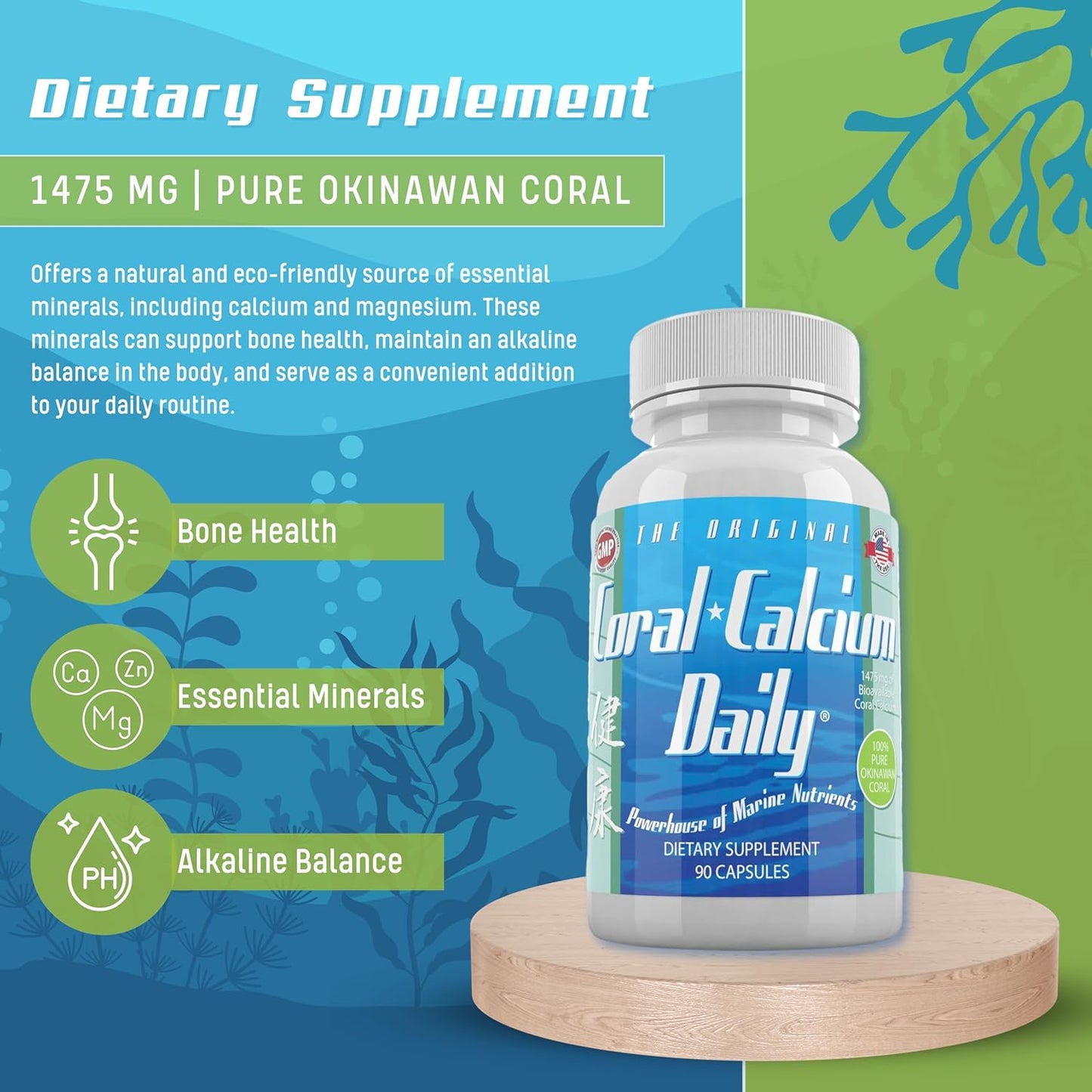 Pure Okinawa Coral Calcium Supplement - Marine-Grade with 72 Trace Minerals - 1475mg, 90 Veg Capsules