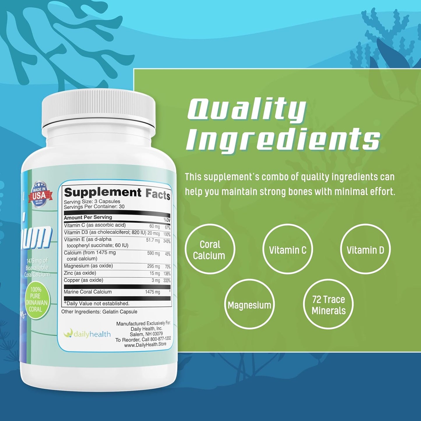 Pure Okinawa Coral Calcium Supplement - Marine-Grade with 72 Trace Minerals - 1475mg, 90 Veg Capsules