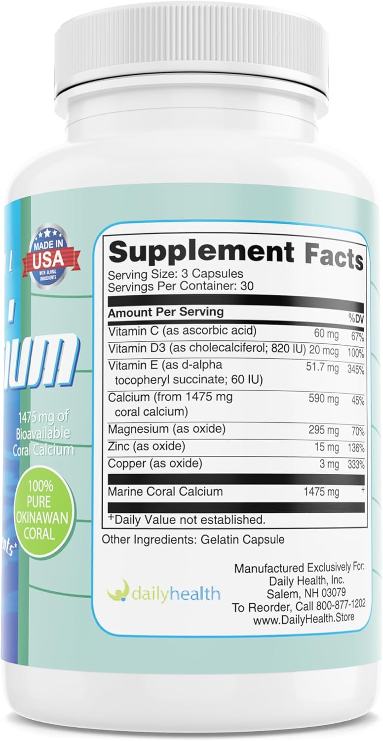 Pure Okinawa Coral Calcium Supplement - Marine-Grade with 72 Trace Minerals - 1475mg, 90 Veg Capsules