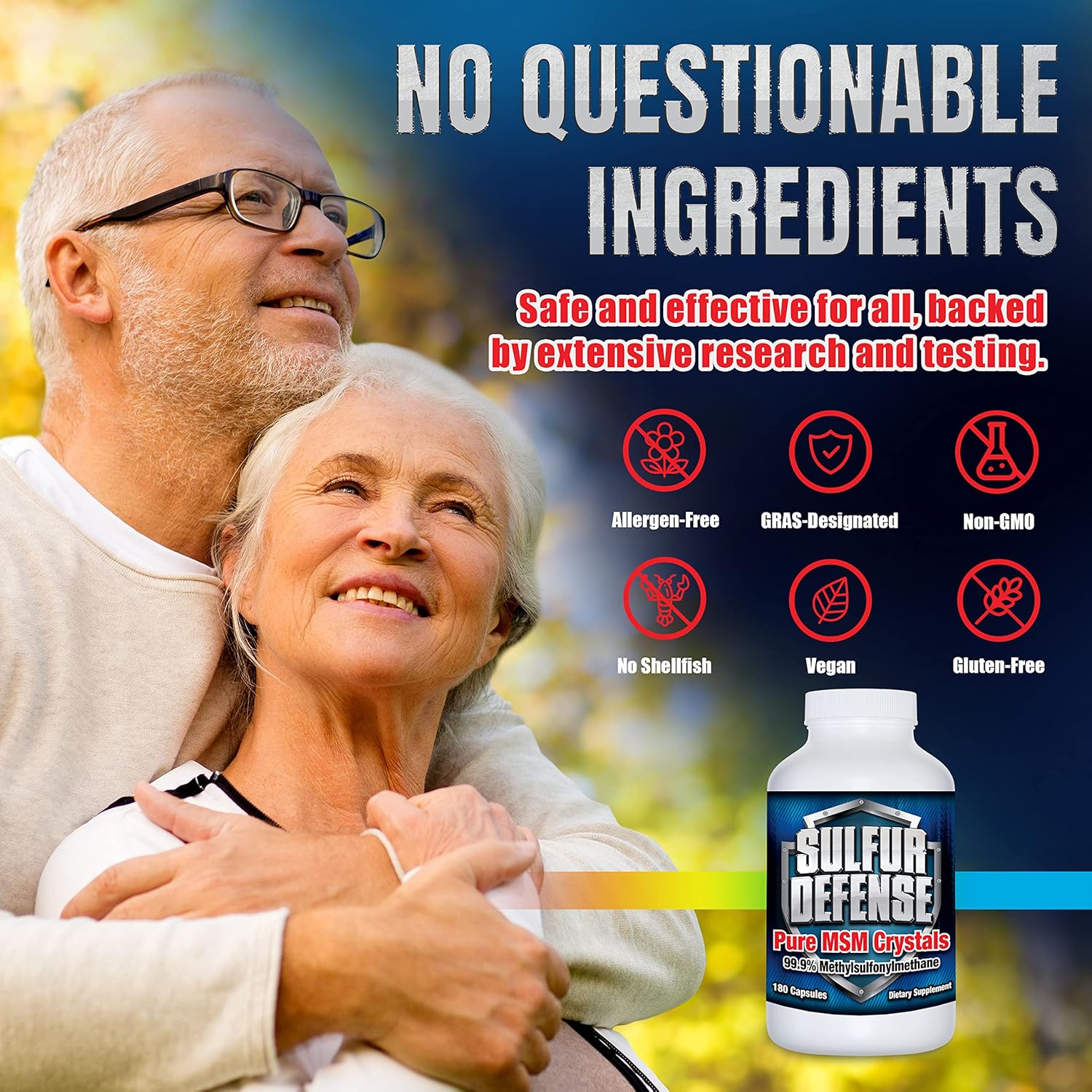 Pure Opti-MSM Powder Capsules - Immune System Booster, Joint Pain Relief, Younger Skin - 180 caps - Made in USA