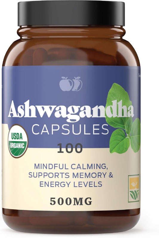 Pure Organic Ashwagandha Capsules - 100 Capsules 500mg Stress Relief Supplement with Calming Support