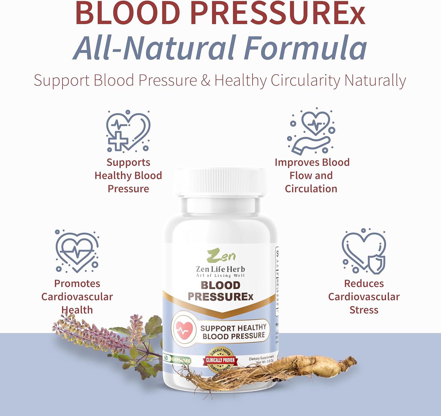 Pure Plant-Based Blood Pressure Support Supplement - ZEN LIFE HERB Blood Pressure & Heart Health Formula with Ginseng Blend (60 Capsules)
