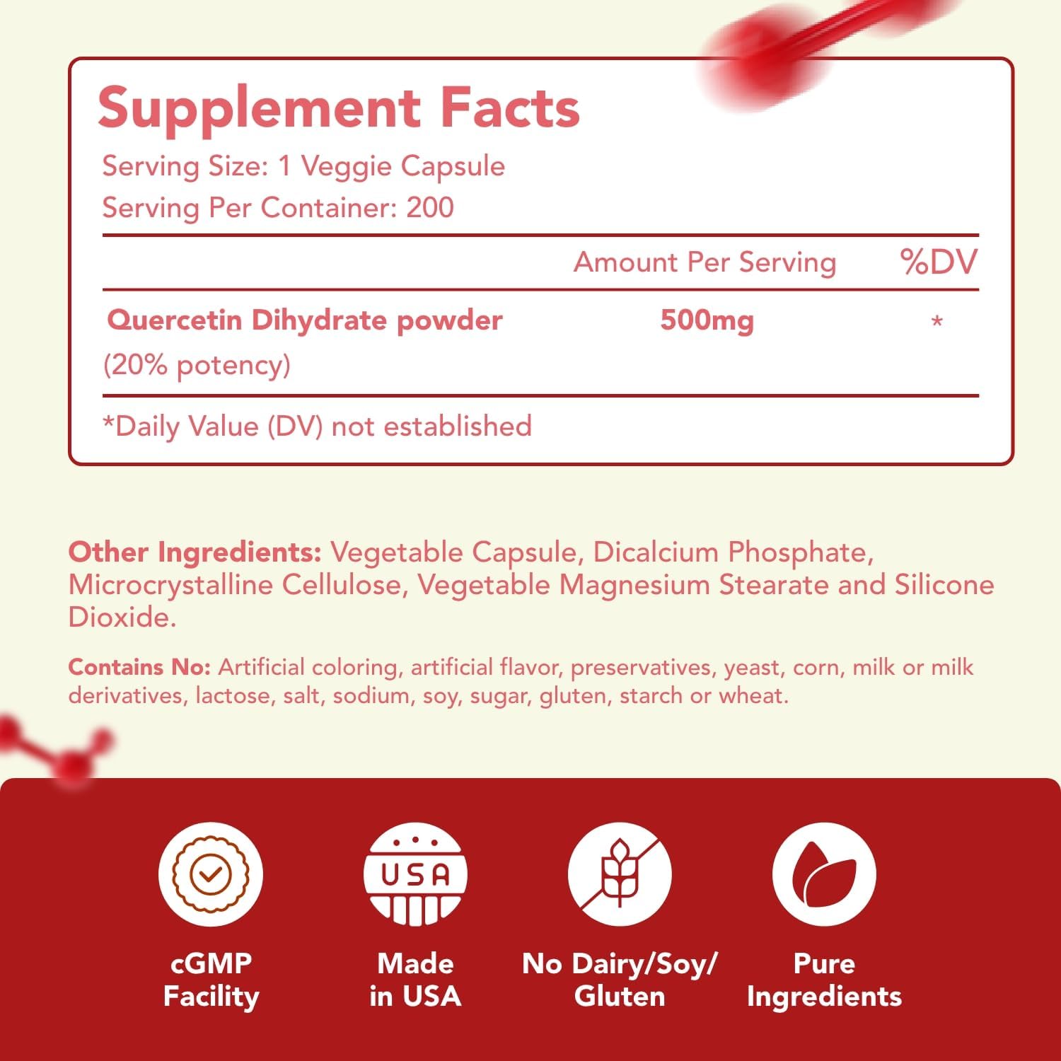 Pure Quercetin 500mg Supplement - 200 Capsules - Cardiovascular Health Support
