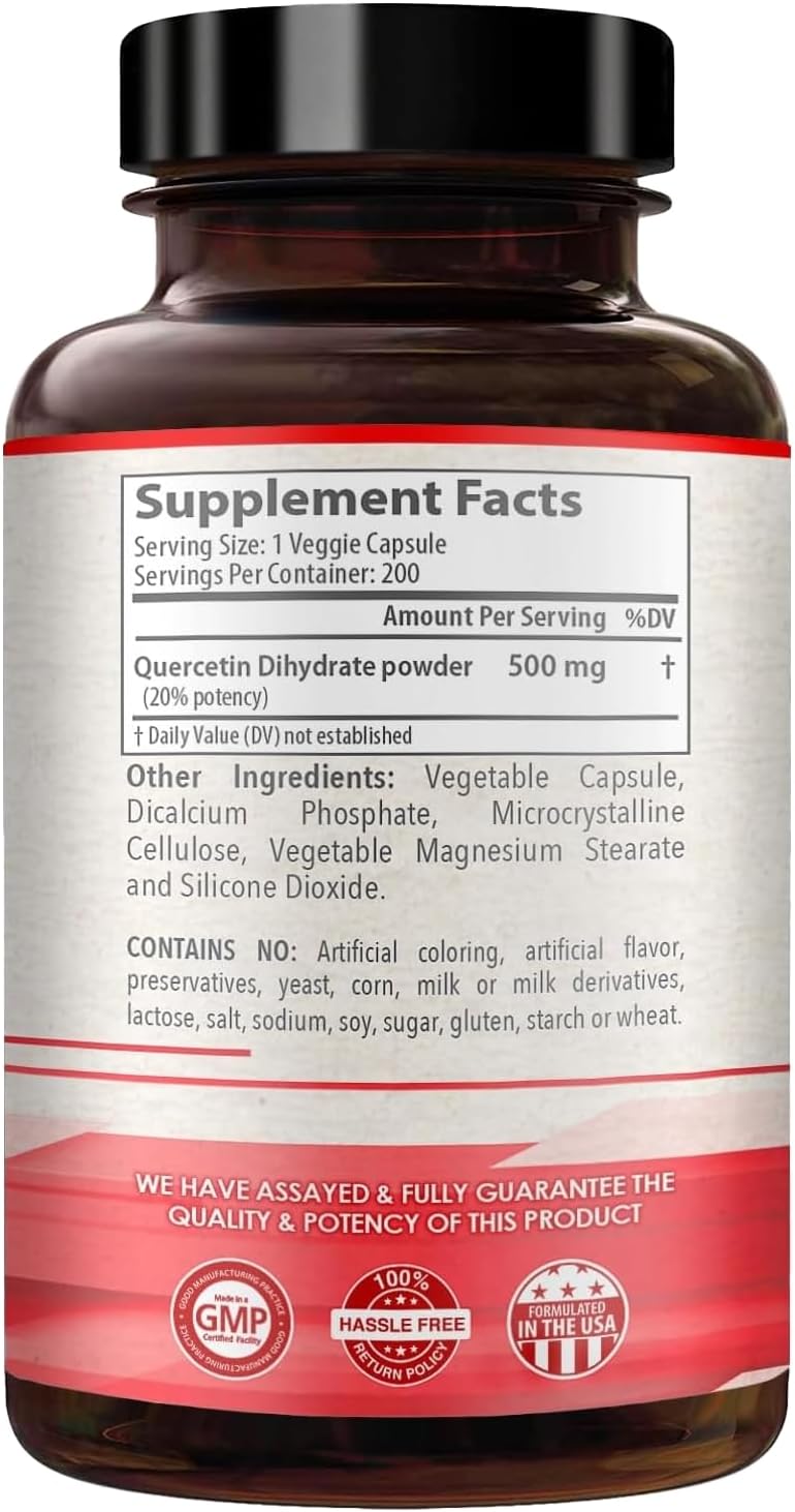Pure Quercetin 500mg Supplement - 200 Capsules - Cardiovascular Health Support