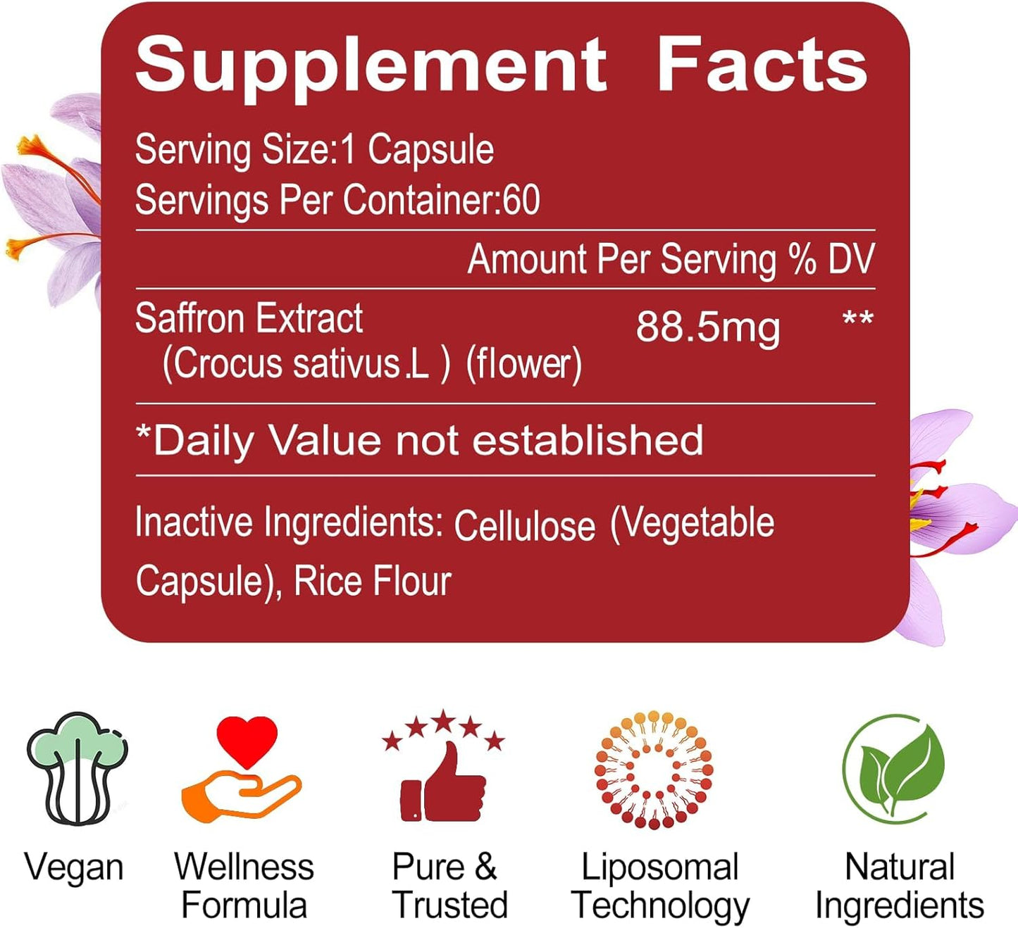 Pure Saffron Extract Capsules - 88.5mg for Mood, Energy, & Eye Health - Non-GMO & Gluten-Free - 60 Vegan Capsules
