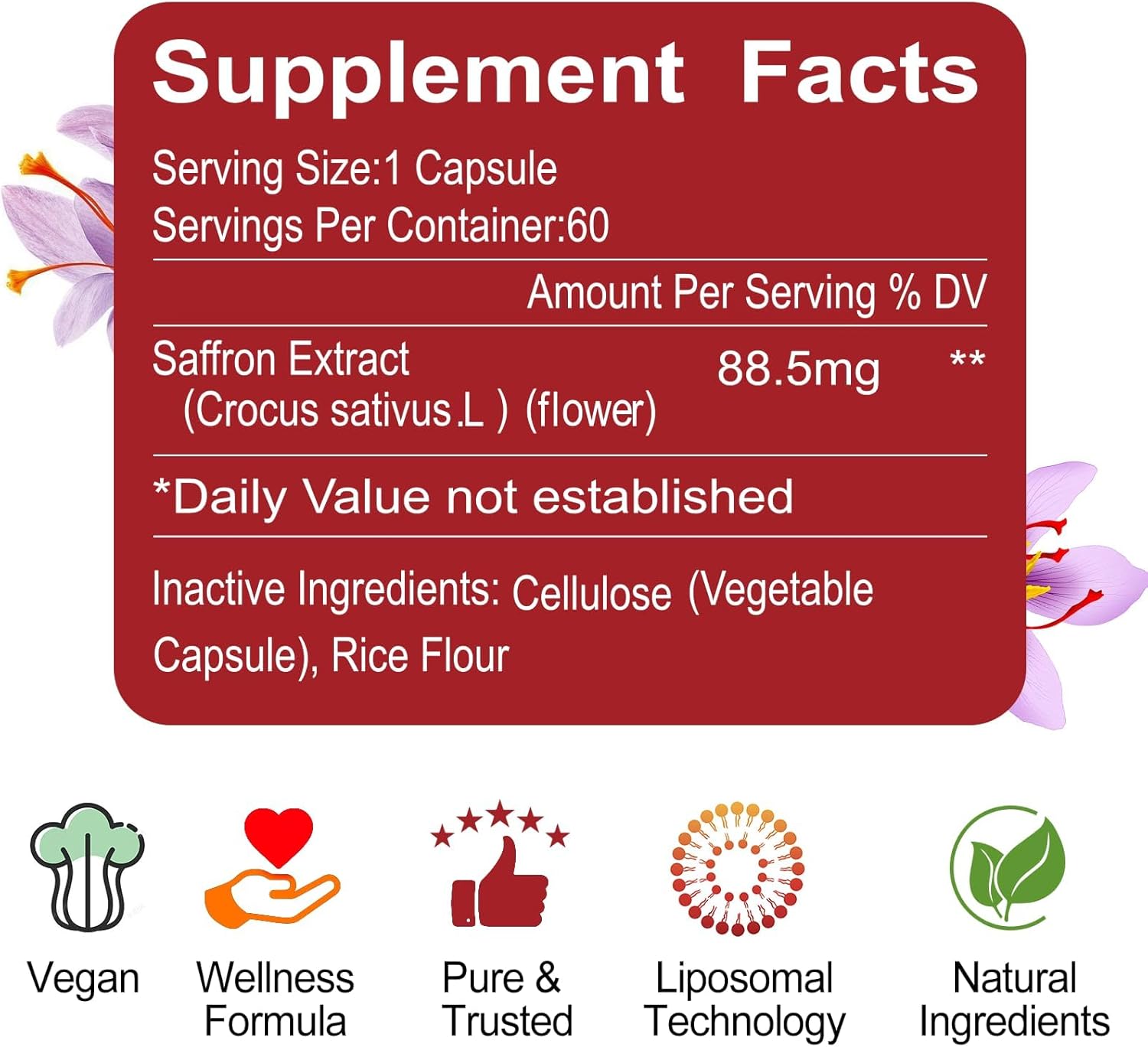 Pure Saffron Extract Capsules - 88.5mg for Mood, Energy, & Eye Health - Non-GMO & Gluten-Free - 60 Vegan Capsules