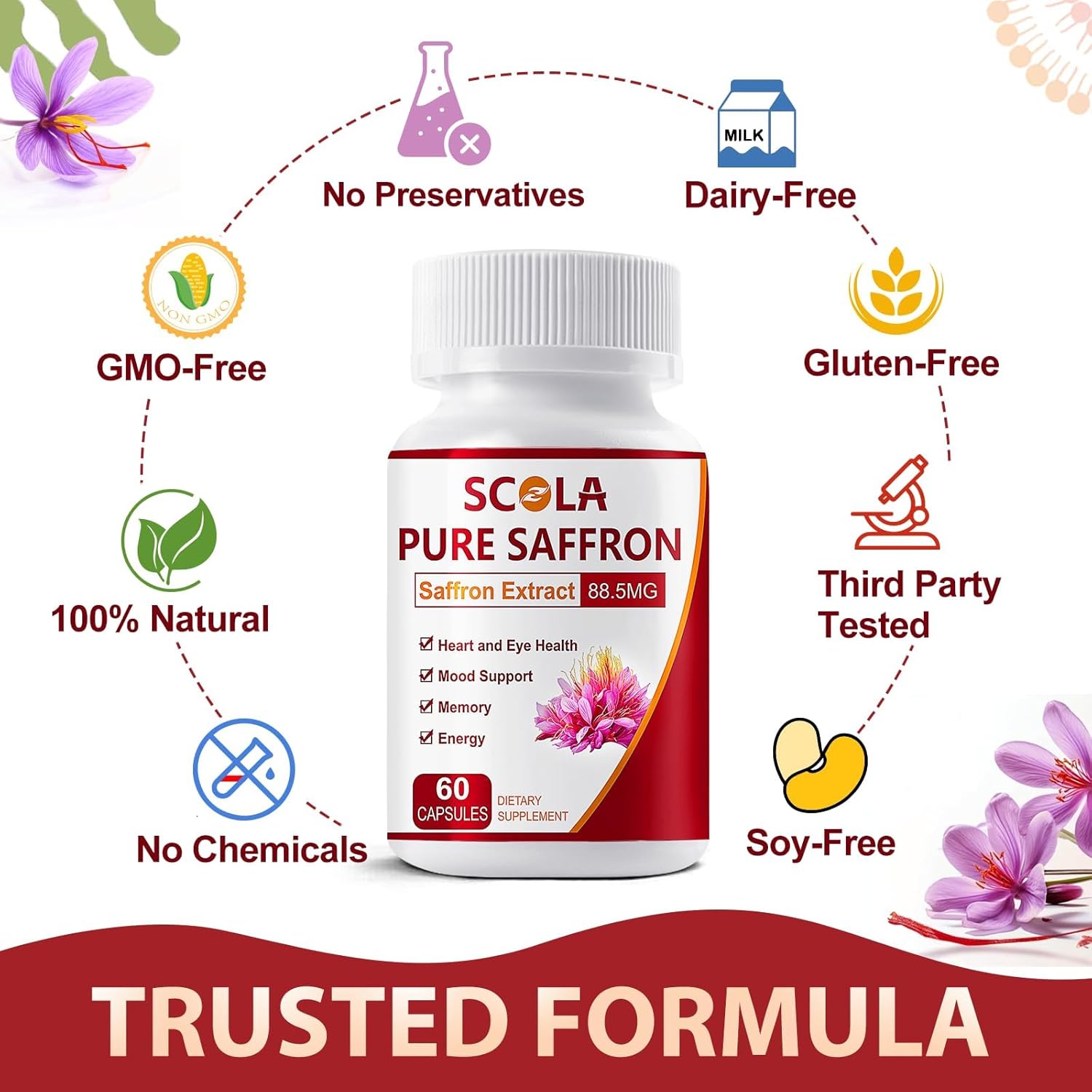 Pure Saffron Extract Capsules - 88.5mg for Mood, Energy, & Eye Health - Non-GMO & Gluten-Free - 60 Vegan Capsules