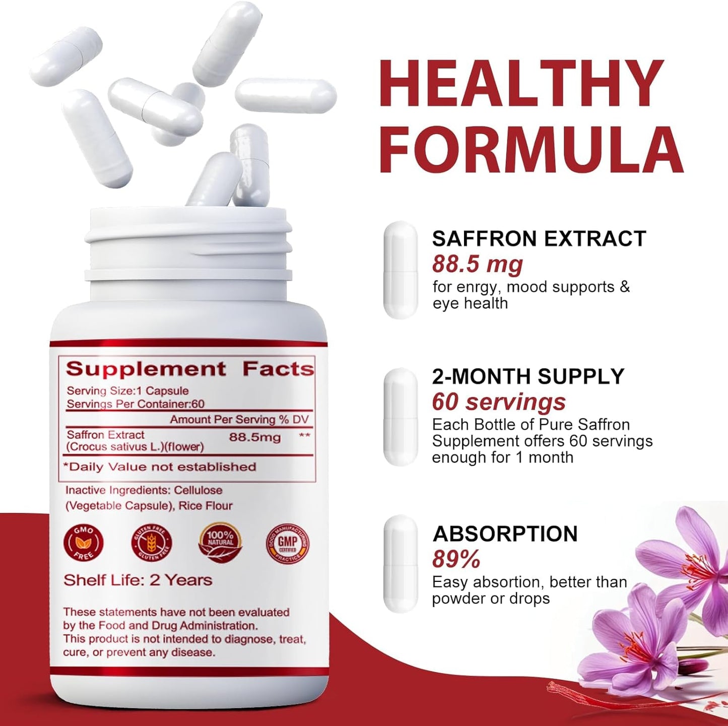 Pure Saffron Extract Capsules - 88.5mg for Mood, Energy, & Eye Health - Non-GMO & Gluten-Free - 60 Vegan Capsules