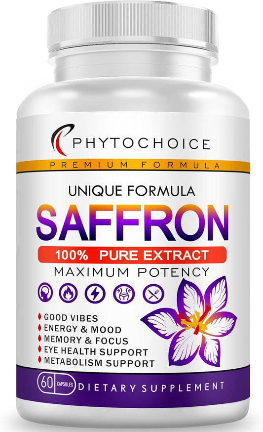 Pure Saffron Extract Capsules for Energy, Mood, Vision, and Heart Health - 60 Capsules - Made in USA
