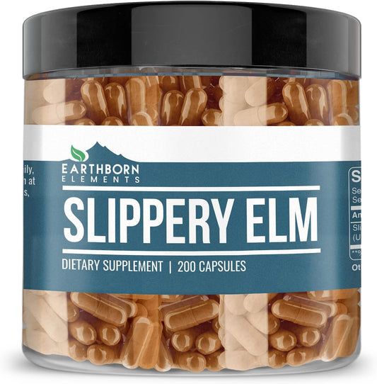 Pure Slippery Elm Capsules - 200 Count, No Additives, Earthborn Elements