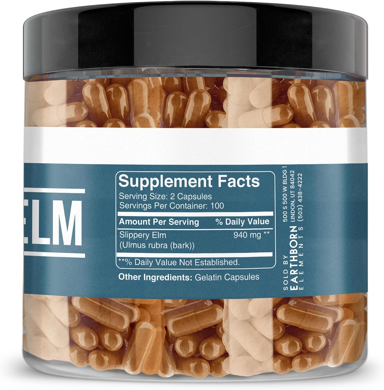 Pure Slippery Elm Capsules - 200 Count, No Additives, Earthborn Elements