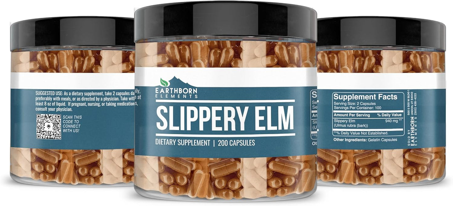 Pure Slippery Elm Capsules - 200 Count, No Additives, Earthborn Elements