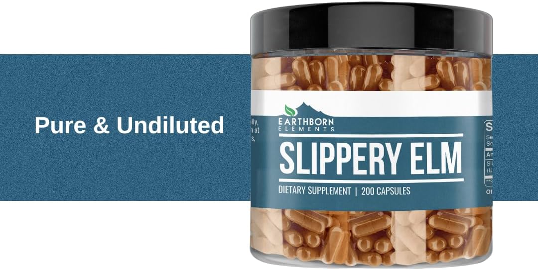 Pure Slippery Elm Capsules - 200 Count, No Additives, Earthborn Elements