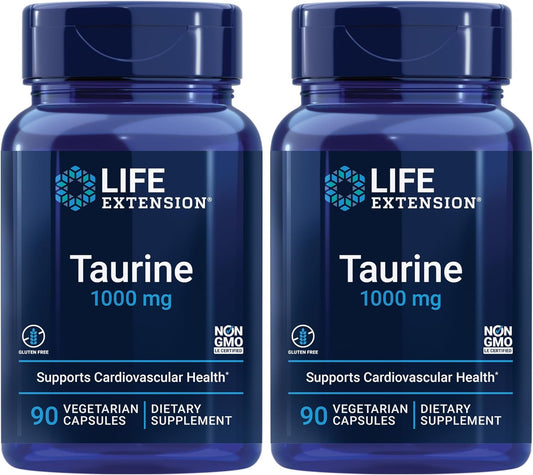 Pure Taurine Amino Acid Supplement for Heart, Liver, and Brain Health - 1000mg Dose, Non-GMO, Gluten-Free - 2 Pack, 90 Vegetarian Capsules ea.