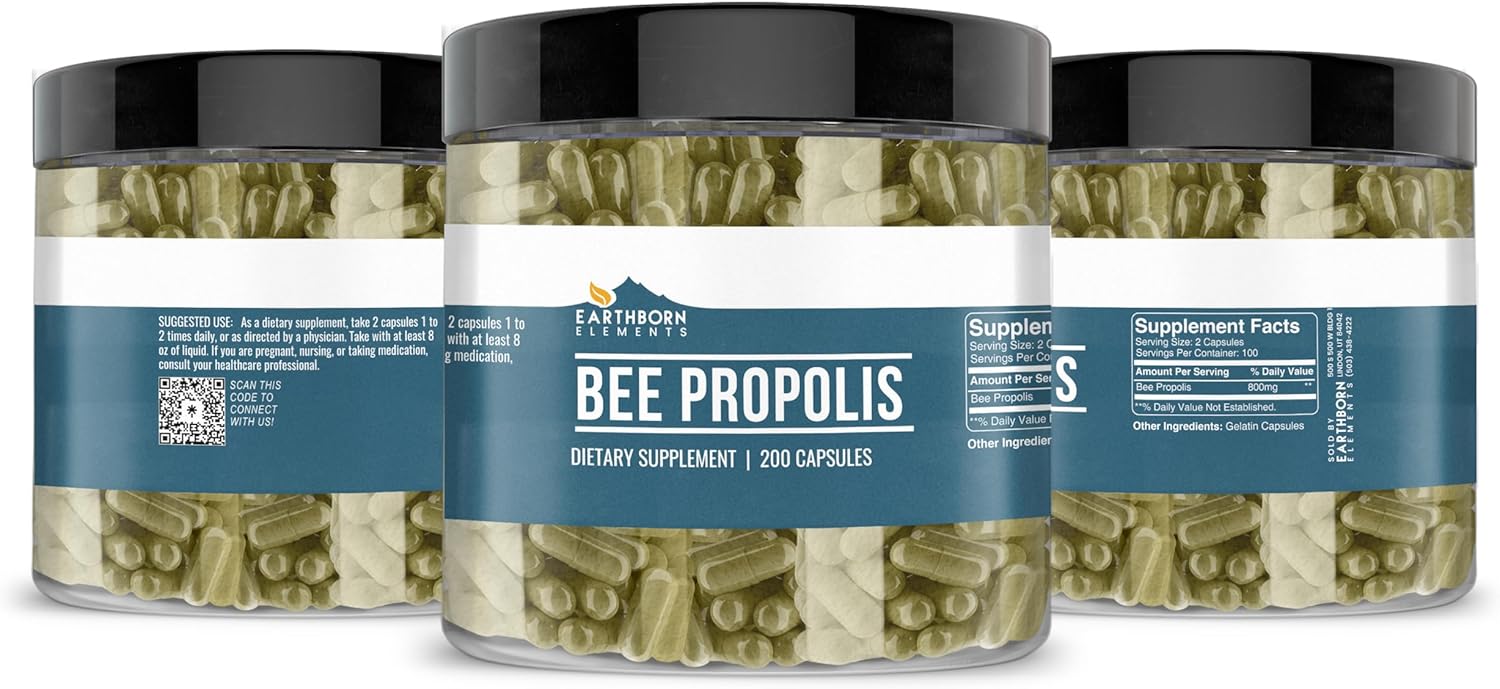 Pure & Undiluted Bee Propolis Capsules - 200 Count by Earthborn Elements, No Additives
