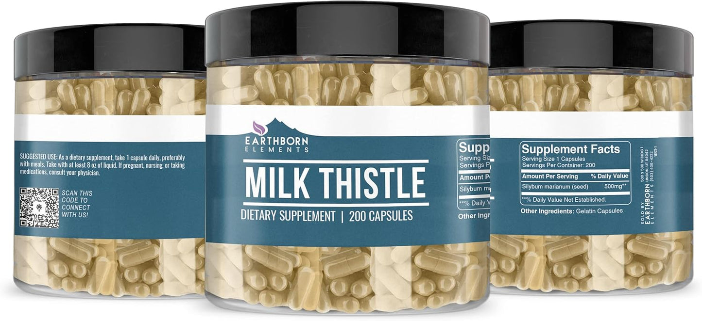 Pure & Undiluted Milk Thistle Capsules - 200 Count by Earthborn Elements, Additive-Free