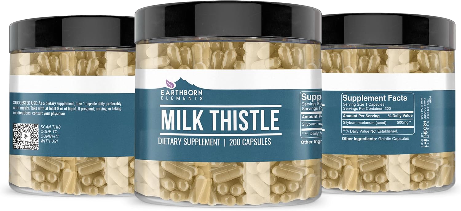 Pure & Undiluted Milk Thistle Capsules - 200 Count by Earthborn Elements, Additive-Free
