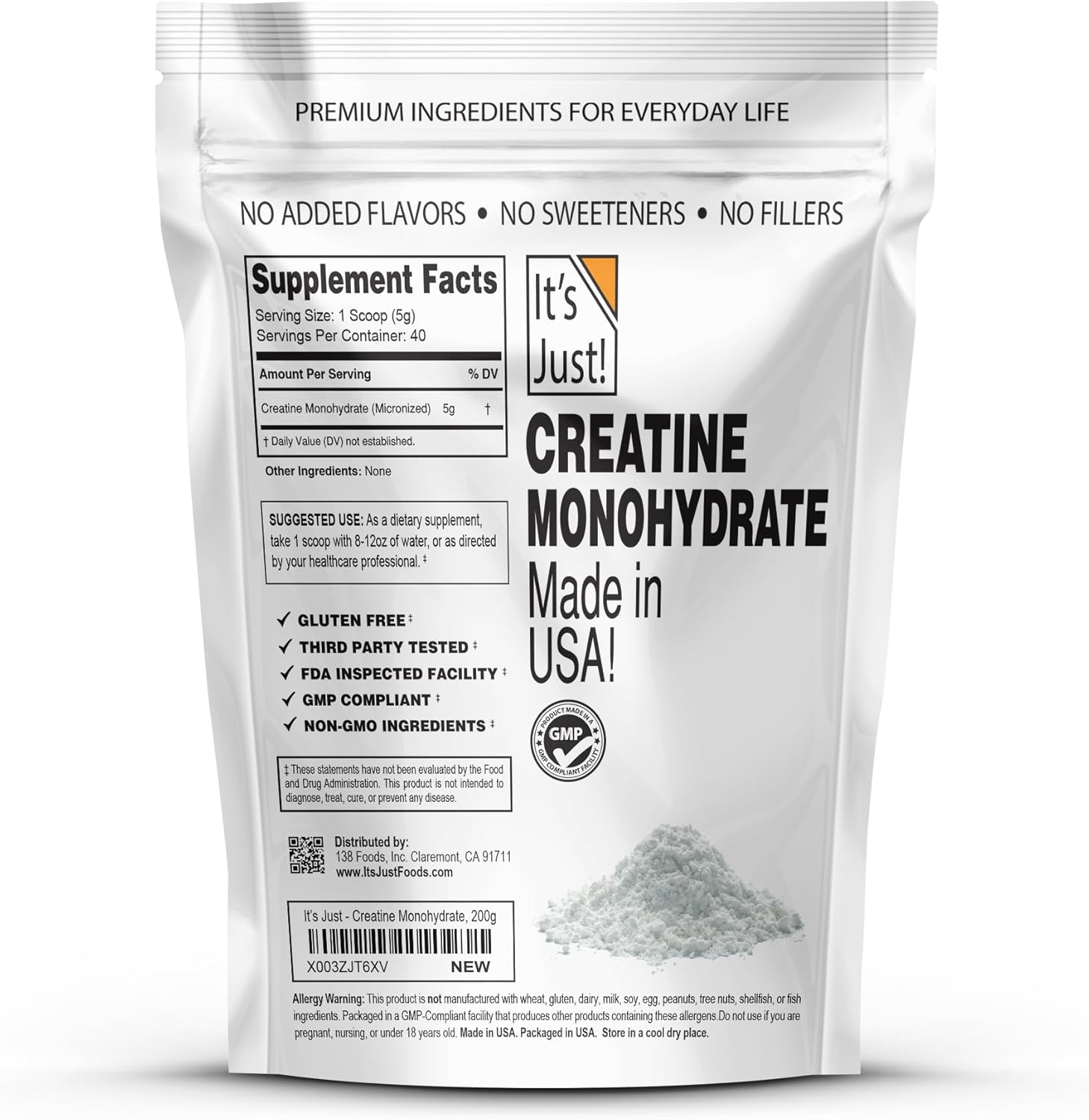 Pure USA Made Creatine Monohydrate Powder - Unflavored, 200g, 40 Servings with 5g Per Serving, 3rd Party Lab Tested, No Fillers