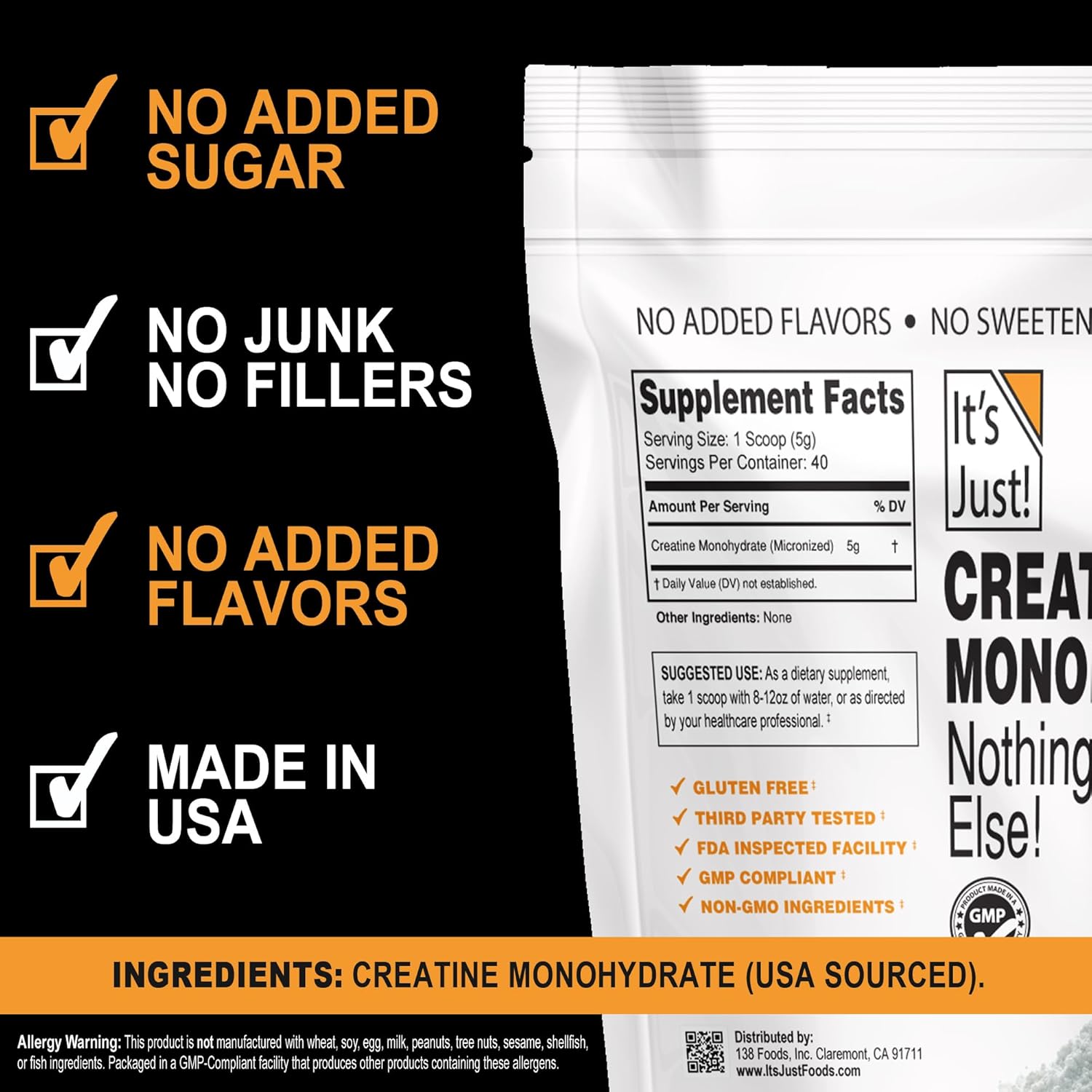 Pure USA Made Creatine Monohydrate Powder - Unflavored, 200g, 40 Servings with 5g Per Serving, 3rd Party Lab Tested, No Fillers