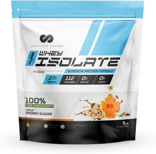 Pure Whey Isolate Protein Powder - 27g Protein, 6g BCAAs, Sugar Free - 5LB, 74 Servings - Maple Brown Sugar Flavor