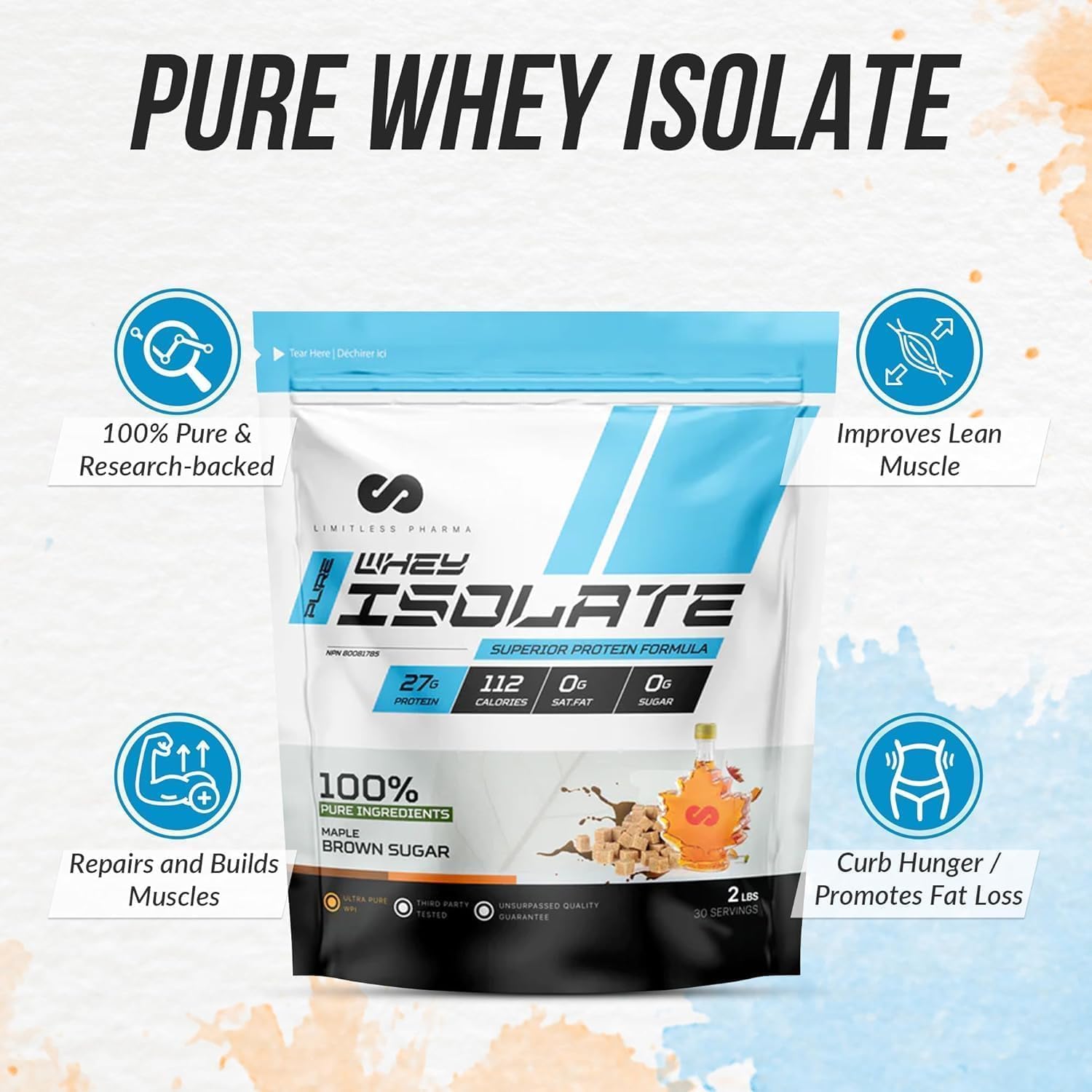 Pure Whey Isolate Protein Powder - 27g Protein, 6g BCAAs, Sugar Free - 5LB, 74 Servings - Maple Brown Sugar Flavor