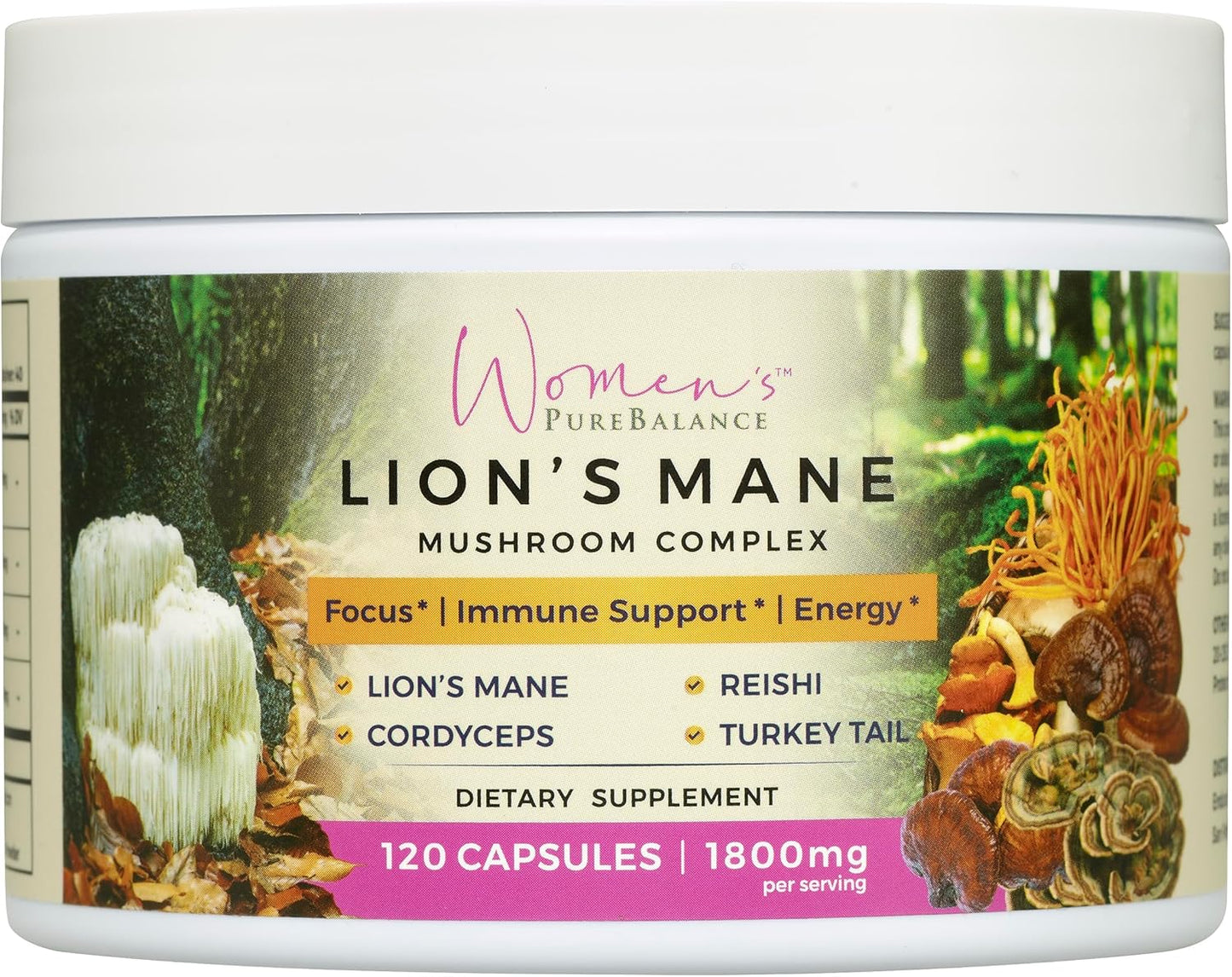 PureBalance Women's Lion's Mane Mushroom Supplement Capsules with Reishi, Cordyceps & Turkey Tail - Brain Support for Memory, Focus, Energy & Immunity - Non-GMO (120 Caps)