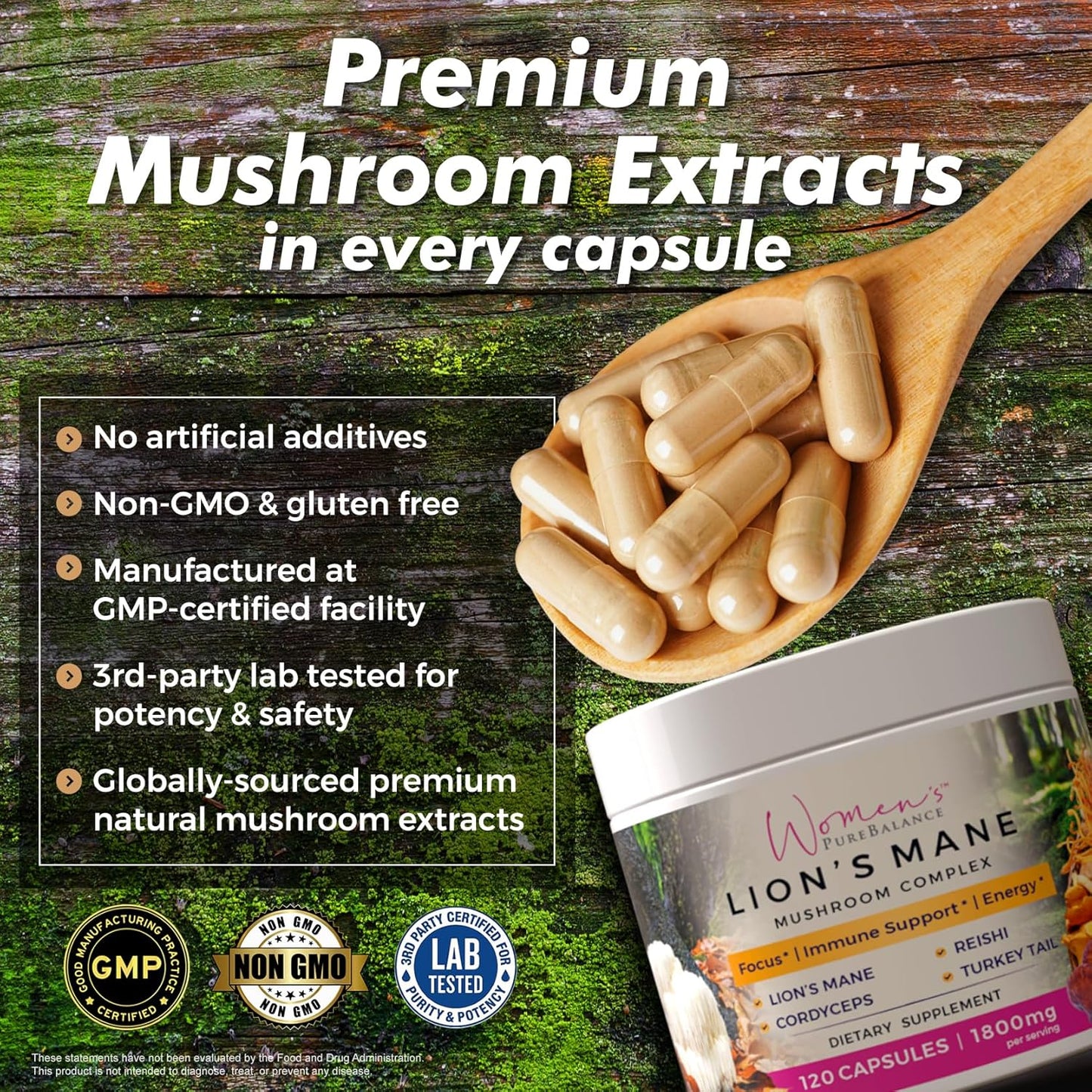PureBalance Women's Lion's Mane Mushroom Supplement Capsules with Reishi, Cordyceps & Turkey Tail - Brain Support for Memory, Focus, Energy & Immunity - Non-GMO (120 Caps)