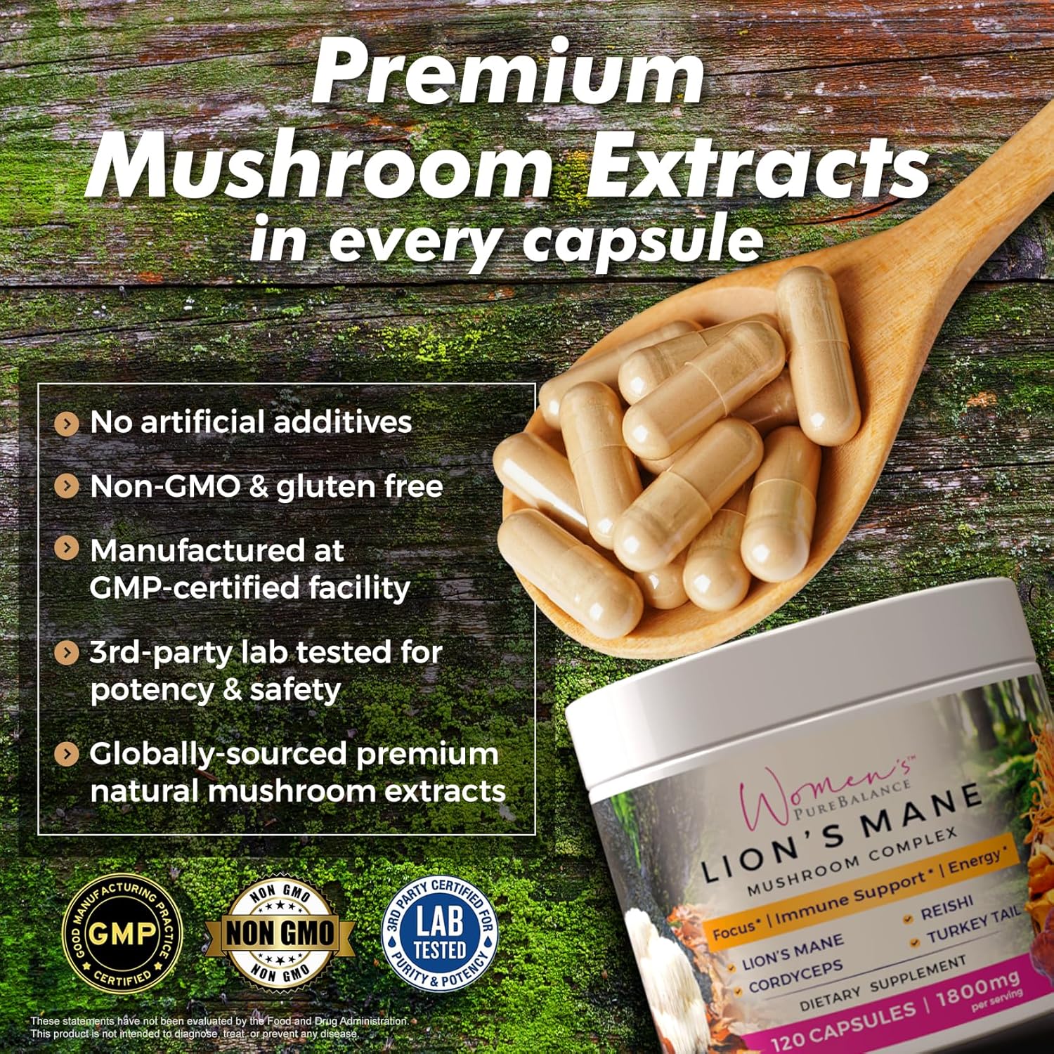 PureBalance Women's Lion's Mane Mushroom Supplement Capsules with Reishi, Cordyceps & Turkey Tail - Brain Support for Memory, Focus, Energy & Immunity - Non-GMO (120 Caps)