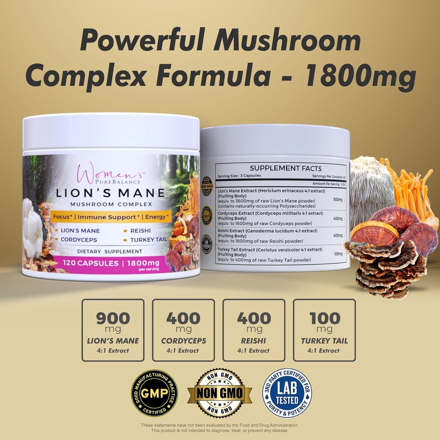 PureBalance Women's Lion's Mane Mushroom Supplement Capsules with Reishi, Cordyceps & Turkey Tail - Brain Support for Memory, Focus, Energy & Immunity - Non-GMO (120 Caps)