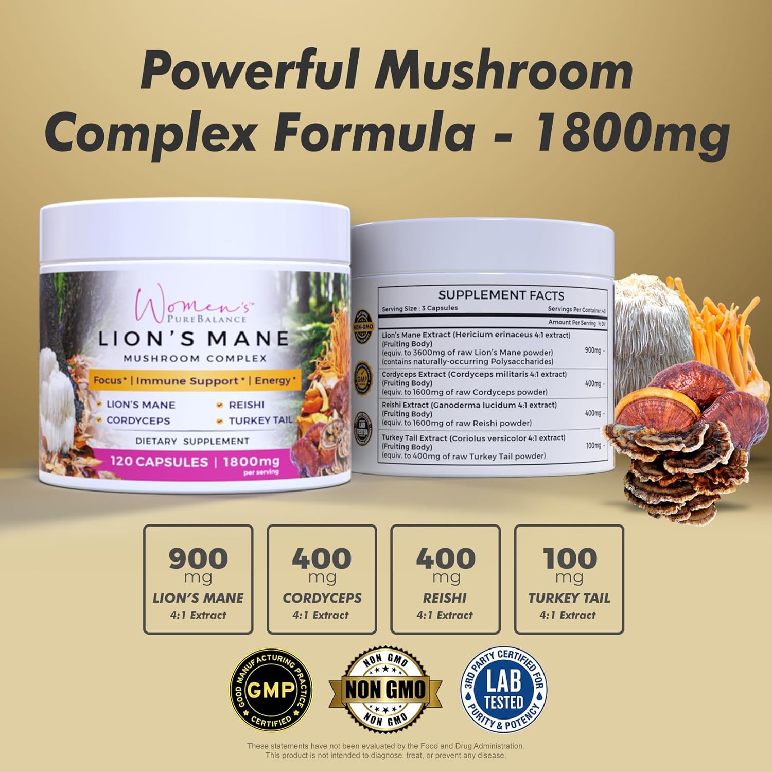 PureBalance Women's Lion's Mane Mushroom Supplement Capsules with Reishi, Cordyceps & Turkey Tail - Brain Support for Memory, Focus, Energy & Immunity - Non-GMO (120 Caps)