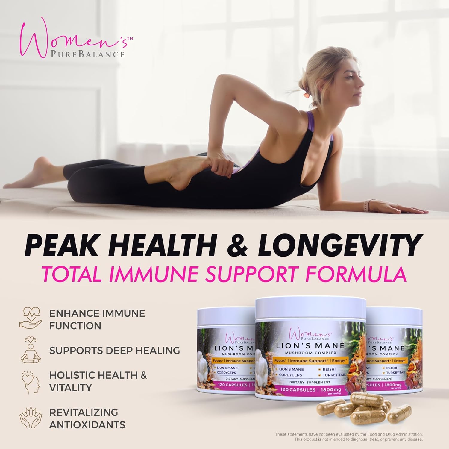 PureBalance Women's Lion's Mane Mushroom Supplement Capsules with Reishi, Cordyceps & Turkey Tail - Brain Support for Memory, Focus, Energy & Immunity - Non-GMO (120 Caps)