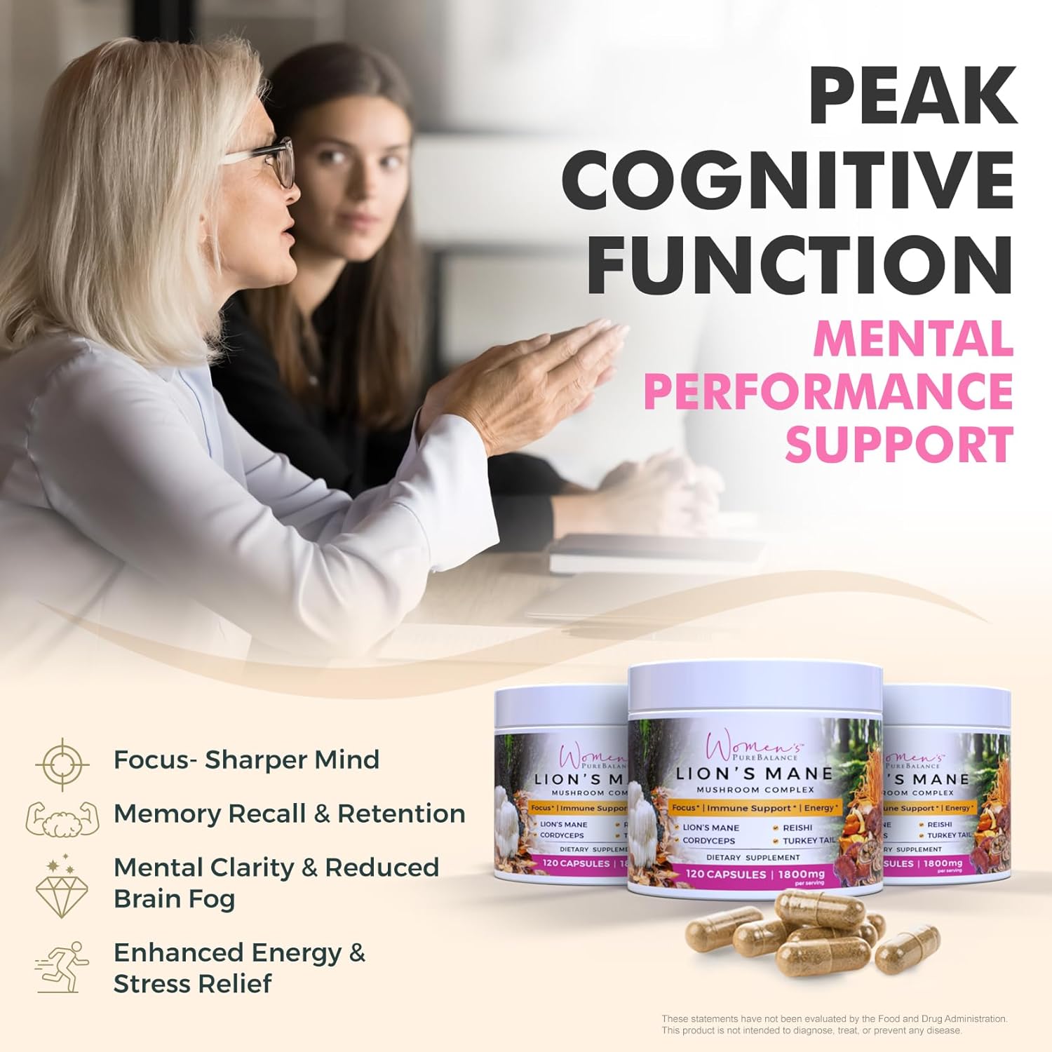 PureBalance Women's Lion's Mane Mushroom Supplement Capsules with Reishi, Cordyceps & Turkey Tail - Brain Support for Memory, Focus, Energy & Immunity - Non-GMO (120 Caps)