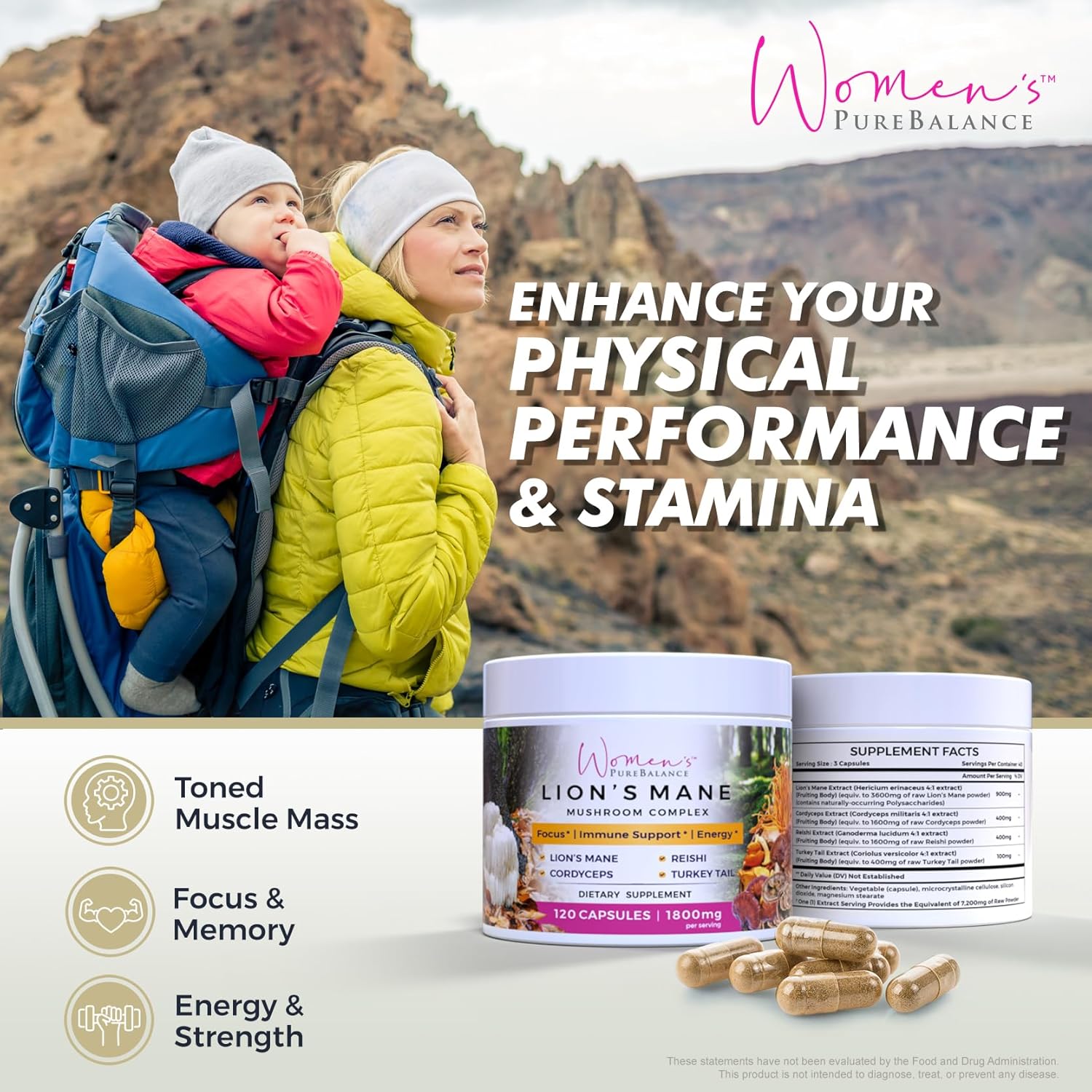 PureBalance Women's Lion's Mane Mushroom Supplement Capsules with Reishi, Cordyceps & Turkey Tail - Brain Support for Memory, Focus, Energy & Immunity - Non-GMO (120 Caps)