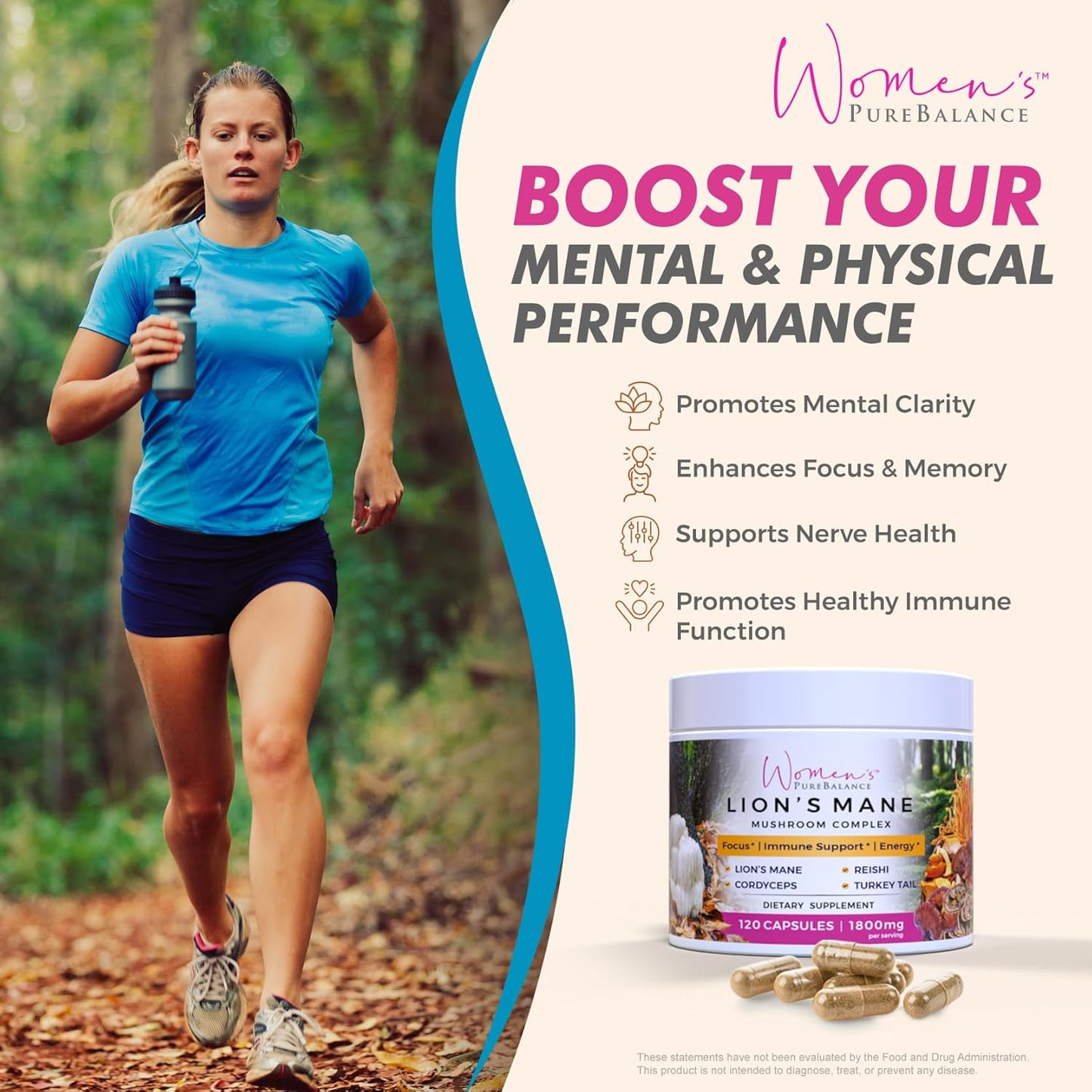 PureBalance Women's Lion's Mane Mushroom Supplement Capsules with Reishi, Cordyceps & Turkey Tail - Brain Support for Memory, Focus, Energy & Immunity - Non-GMO (120 Caps)
