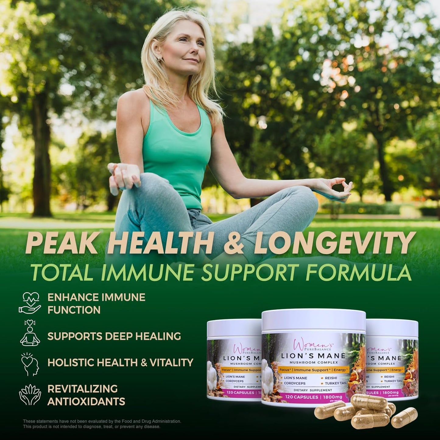 PureBalance Women's Lion's Mane Mushroom Supplement Capsules with Reishi, Cordyceps & Turkey Tail - Brain Support for Memory, Focus, Energy & Immunity - Non-GMO (120 Caps)