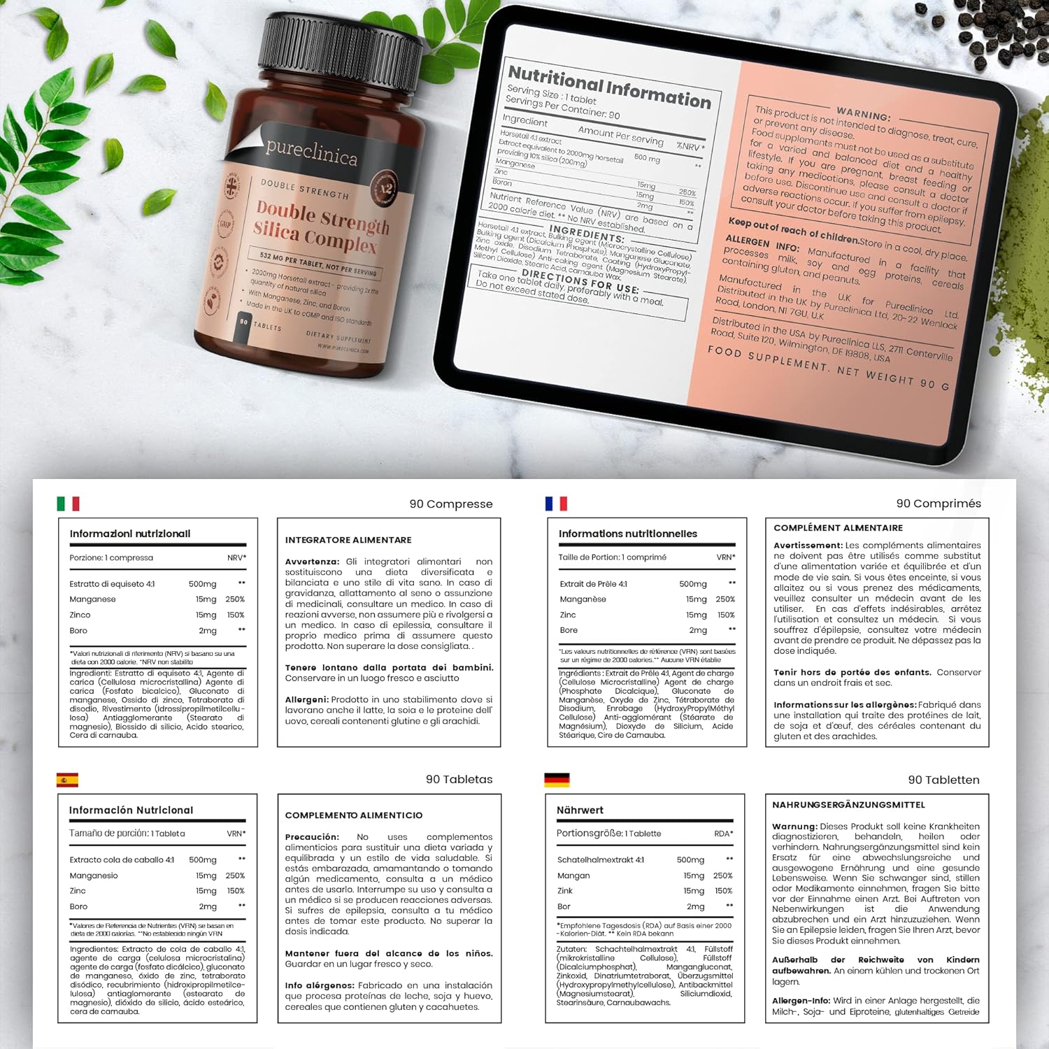 Pureclinica Double Strength Silica Complex - 3 Month Supply with 2000mg Horsetail Extract - 90 Tablets