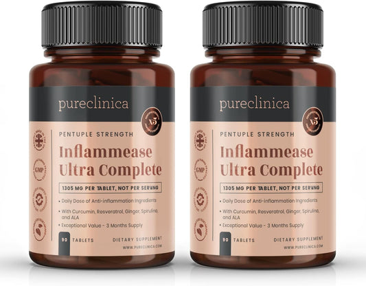 Pureclinica Inflammease Ultra Complete Supplement - 1305mg x 180 Tablets - Resveratrol, Ginger, ALA, Spirulina, Curcumin - 6 Month Supply - 2 Bottles of 90 Tablets