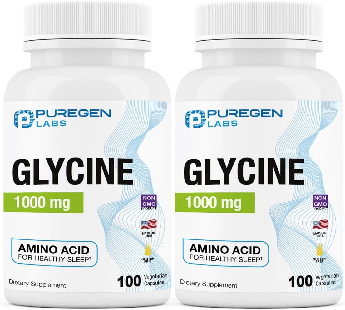 Puregen Labs Glycine 1000mg Capsules - High Potency Sleep Aid Supplement, 100 Vegetarian Capsules, Non-GMO & Gluten-Free