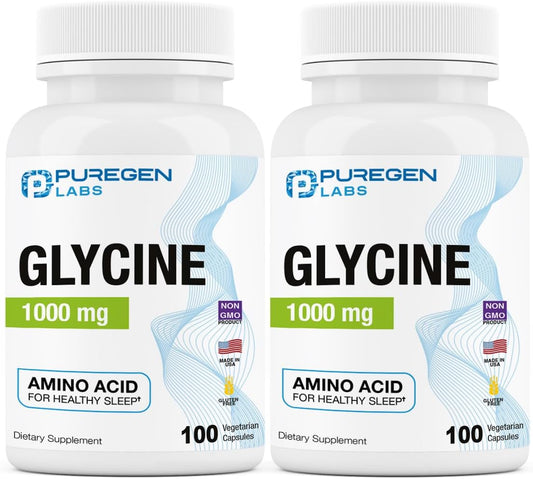 Puregen Labs Glycine 1000mg Capsules - High Potency Sleep Aid Supplement, 100 Vegetarian Capsules, Non-GMO & Gluten-Free