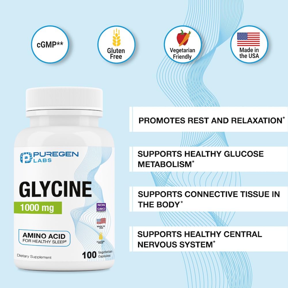 Puregen Labs Glycine 1000mg Capsules - High Potency Sleep Aid Supplement, 100 Vegetarian Capsules, Non-GMO & Gluten-Free