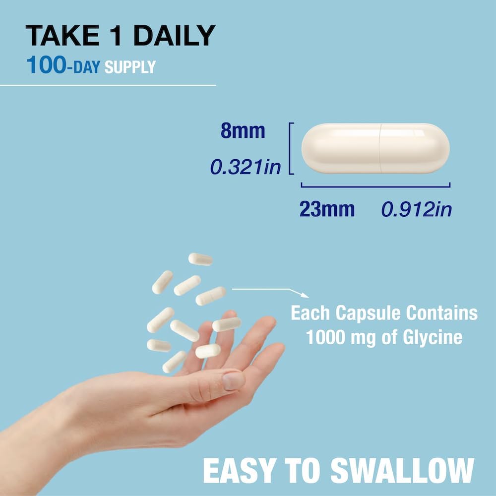 Puregen Labs Glycine 1000mg Capsules - High Potency Sleep Aid Supplement, 100 Vegetarian Capsules, Non-GMO & Gluten-Free