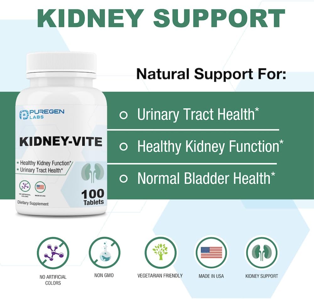 Puregen Labs Kidney-Vite: Premier Renal Support Supplement - Non-GMO, Gluten-Free, 100 Vegetarian Tablets