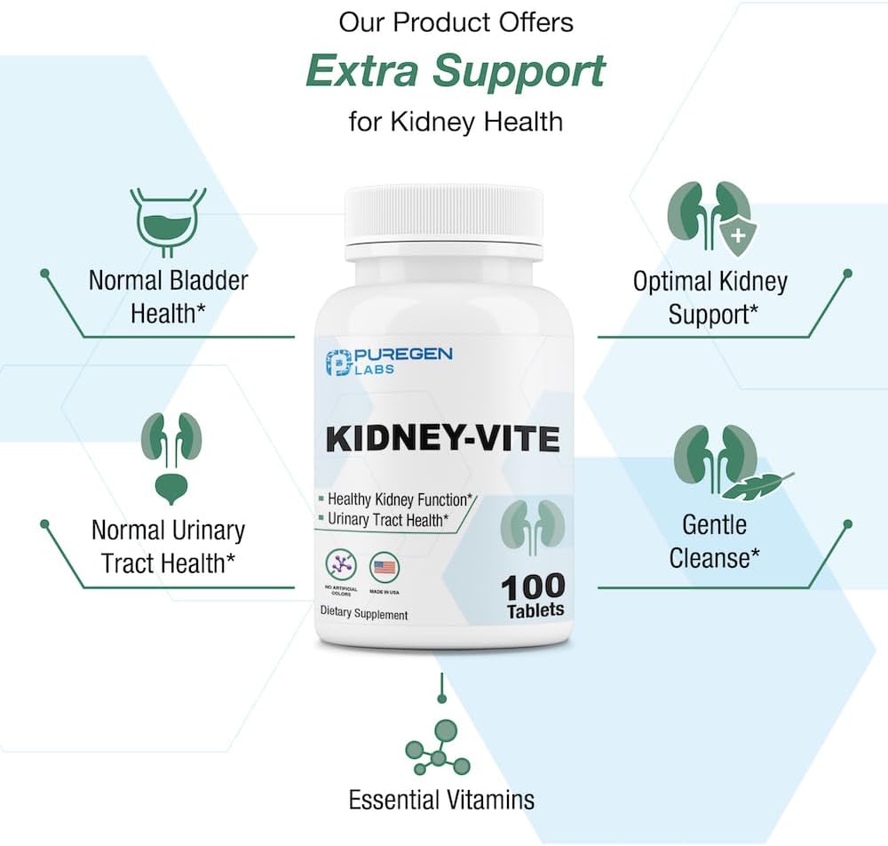 Puregen Labs Kidney-Vite: Premier Renal Support Supplement - Non-GMO, Gluten-Free, 100 Vegetarian Tablets