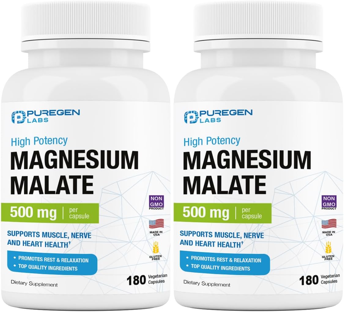 Puregen Labs Magnesium Malate 500mg | High Potency Elemental Magnesium | 360 Veggie Caps - Supports Muscle, Joint, and Heart Health