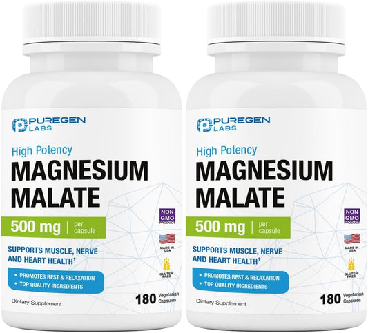 Puregen Labs Magnesium Malate 500mg | High Potency Elemental Magnesium | 360 Veggie Caps - Supports Muscle, Joint, and Heart Health