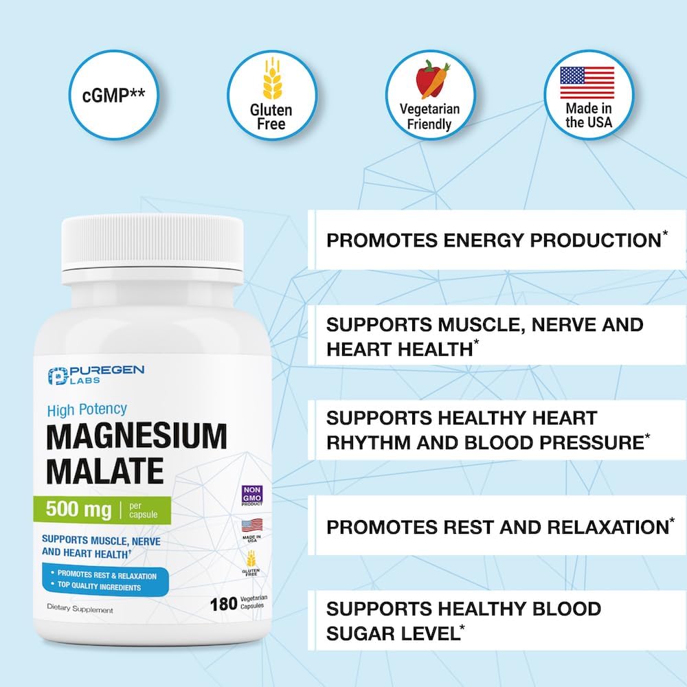 Puregen Labs Magnesium Malate 500mg | High Potency Elemental Magnesium | 360 Veggie Caps - Supports Muscle, Joint, and Heart Health